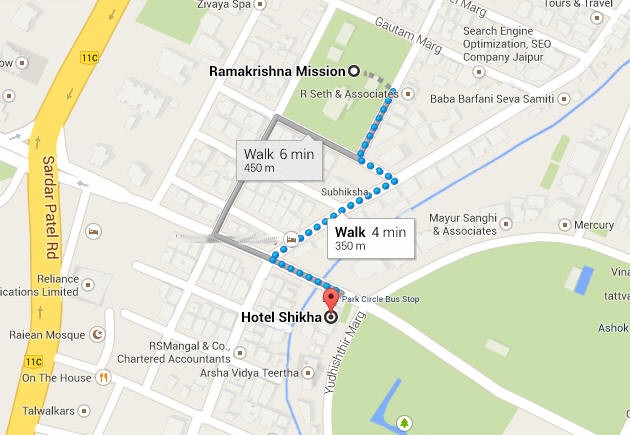 Walking distance from Ramakrishna Mission Jaipur to Hotel Shikha Jaipur City Centre